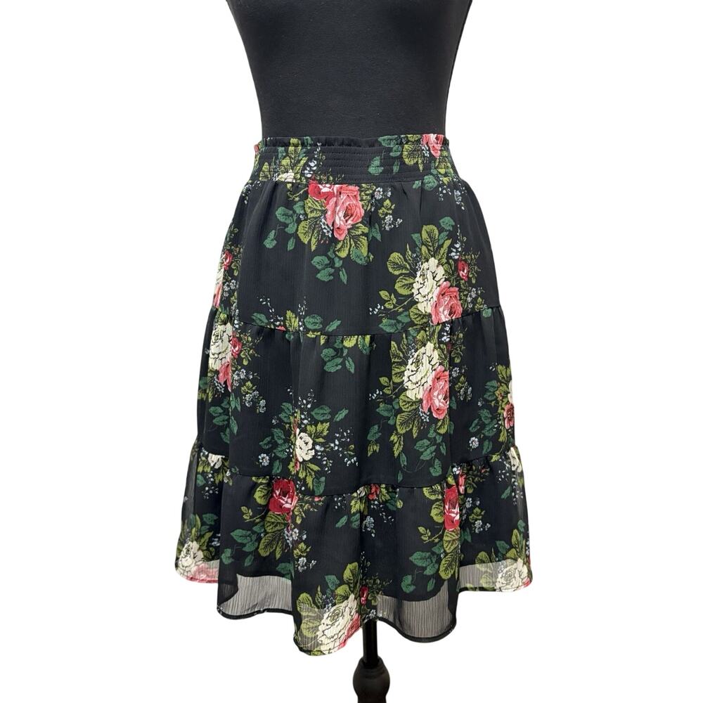 LOFT Floral Tiered Skirt L Black Rose Print Chiffon Elastic Waist Lined